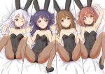  4girls akatsuki_(kancolle) alternate_costume animal_ears black_bow black_bowtie black_footwear black_leotard blue_eyes bow bowtie brown_eyes brown_hair covered_navel detached_collar fake_animal_ears folded_ponytail hair_between_eyes hair_ornament hairclip hibiki_(kancolle) high_heels holding_hands ikazuchi_(kancolle) inazuma_(kancolle) kantai_collection leotard long_hair lying messy_hair multiple_girls on_back one_eye_closed pantyhose playboy_bunny purple_eyes purple_hair rabbit_ears short_hair silver_hair strapless strapless_leotard tetsuryuu wrist_cuffs 