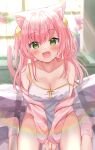  1girl absurdres animal_ears bangs blush breasts cat_ears cleavage eyebrows_visible_through_hair flower green_eyes hair_ornament hamico highres indoors jacket large_breasts long_hair looking_at_viewer open_mouth original pink_hair pink_legwear shirt sitting smile sunlight thighs two_side_up wariza white_shirt 