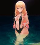  1girl bangs black_choker black_swimsuit blonde_hair breasts choker ear_piercing earrings eyebrows_visible_through_hair eyelashes fingernails greatodoggo groin highres jewelry kitagawa_marin large_breasts long_hair looking_at_viewer multicolored_hair navel o-ring parted_lips piercing red_eyes red_nails solo standing swimsuit thighs twitter_username two-tone_hair water waves 
