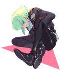  1boy 302 anime_coloring ascot biker_clothes black_gloves black_jacket gloves green_hair highres jacket leather leather_pants lio_fotia male_focus pants promare purple_eyes sidelocks sitting solo 