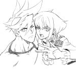  2boys 302 cheek_press earrings galo_thymos gloves graphite_(medium) greyscale half_gloves highres jewelry lio_fotia male_focus monochrome multiple_boys outline pointing promare serious traditional_media wince 