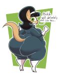  2022 anthro big_butt black_hair breasts butt clothed clothing dialogue digital_media_(artwork) domestic_cat english_text felid feline felis female green_eyes hair hi_res huge_butt huge_hips huge_thighs kitty_katswell looking_at_viewer maddeku mammal nickelodeon overweight overweight_female simple_background solo t.u.f.f._puppy text thick_thighs wide_hips 