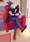  2boys 302 apartment blue_hair casual couch galo_thymos green_hair highres indoors lio_fotia male_focus multiple_boys promare shirt sitting sitting_on_lap sitting_on_person sleeping spiked_hair t-shirt 