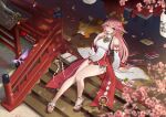  1girl absurdres animal_ears bangs bare_shoulders blush breasts detached_sleeves fox_ears genshin_impact hair_ornament highres japanese_clothes jewelry kimono large_breasts long_hair looking_at_viewer necklace pendant pink_hair purple_eyes red_skirt ryuuneart sidelocks skirt sleeveless sleeveless_kimono thighs very_long_hair white_kimono wide_sleeves yae_miko 