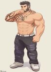  1boy abs artist_name bara belt black_hair commission facial_hair highres jewelry large_pectorals looking_at_viewer male_focus mature_male muscular muscular_male necklace pants pectoral_cleavage pectorals ring shoes tattoo terraxle tusks yellow_eyes 