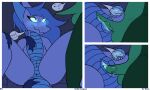  absurd_res anthro blue_body blue_eyes blue_hair clothing comic dragon dungeon duo embarrassed genitals green_body hair hi_res kobold male male/male penis scalie simple_background slit slit_penetration slit_play thero_(therobd) therobd torn_clothing western_dragon wingless_dragon 