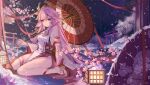  1girl animal_ears bangs bare_shoulders breasts cherry_blossoms chinese_commentary closed_mouth commentary crossed_bangs detached_sleeves dress fox_ears genshin_impact highres holding holding_umbrella long_hair looking_at_viewer medium_breasts night oil-paper_umbrella petals pink_hair purple_eyes qie sandals sitting smile solo thighs turtleneck_dress umbrella wariza white_dress yae_miko 