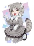  1girl :p an-chan_(ananna0315) animal_ears black_fur blush boots buttons cat_ears cat_girl cat_tail commentary_request eyebrows_visible_through_hair fangs frilled_skirt frills fur_trim gloves grey_fur grey_hair grey_legwear grey_skirt grey_sweater high-waist_skirt highres kemono_friends kneeling long_sleeves multicolored_hair open_mouth pallas&#039;s_cat_(kemono_friends) pantyhose paw_pose short_hair skirt solo sweater tail tongue tongue_out white_footwear white_gloves white_hair white_neckwear yellow_eyes 