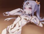  1girl abigail_williams_(fate) bangs blush breasts chocolate chocolate_on_body colored_skin fate/grand_order fate_(series) food_on_body forehead galbany_(tsgororin) highres keyhole long_hair looking_at_viewer nude parted_bangs red_eyes small_breasts solo thighs third_eye white_hair white_skin 