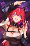  1girl absurdres arknights arm_up armpits bangs bare_shoulders black_dress breasts cleavage commentary double_v dress grin hair_between_eyes hair_intakes hand_up highres ken_(1057168252) large_breasts long_hair long_sleeves looking_at_viewer purple_eyes red_hair sleeveless sleeveless_dress smile solo surtr_(arknights) upper_body v 