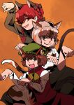  3girls :3 black_bow bow cat_tail chen fang gagamatsu goutokuji_mike green_headwear hair_bow hair_over_one_eye hair_ribbon hat kaenbyou_rin mob_cap multiple_girls multiple_tails nekomata one-hour_drawing_challenge orange_background paw_pose profile red_eyes red_hair ribbon simple_background tail touhou tress_ribbon two_tails 