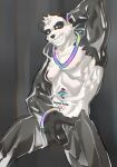  anthro bing_dwen_dwen black_and_white_fur clothing giant_panda hi_res humanoid_hands jacobneighbors latex_clothing male mammal smile smiling_at_viewer solo text translucent translucent_clothing ursid white_body 