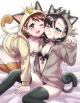  2girls ;d all_fours animal_ears animal_hood asymmetrical_bangs bangs bed_sheet bikini black_bikini black_hair black_legwear blue_eyes blush breasts brown_eyes brown_hair brown_jacket brown_legwear cat_day cat_ears cat_hood cat_tail cheek_press collarbone commentary_request cosplay eyebrows_visible_through_hair feet_out_of_frame front-tie_bikini front-tie_top gloria_(pokemon) hair_between_eyes highres hood hood_up hooded_jacket jacket long_sleeves marnie_(pokemon) meowth meowth_(cosplay) mono_land multiple_girls one_eye_closed parted_lips paw_pose pokemon pokemon_(game) pokemon_swsh side-tie_bikini signature small_breasts smile swimsuit tail thighhighs white_bikini yuri 