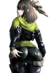  1girl ass ass_grab bangs belt black_bodysuit black_choker black_jacket black_pants blue_eyes blue_pupils blue_sky bodysuit brown_hair choker chu-e eunie_(xenoblade) feathered_wings grabbing_own_ass green_hoodie hand_on_own_ass head_wings highres hood hoodie huge_ass jacket jacket_partially_removed leather leather_jacket long_hair long_sleeves looking_at_viewer looking_back nail_polish open_clothes open_jacket pants skin_tight sky solo standing thighs white_background white_wings wings xenoblade_chronicles_(series) xenoblade_chronicles_3 