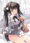  1girl bangs black_hair blue_eyes blush bow bowtie bubble_tea cup curtains dress drinking_straw hair_ornament hairclip holding hoshino_koucha long_hair long_sleeves looking_at_viewer open_mouth original smile thighs twintails uniform 