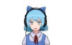  1girl bags_under_eyes blue_bow blue_eyes blue_hair blue_skirt bow cable cirno commentary empty_eyes english_commentary frown hair_bow headphones headset highres jitome looking_at_viewer microphone neck_ribbon nvi2762 portrait red_neckwear red_ribbon ribbon shirt short_hair skirt solo straight-on suspender_skirt suspenders tired touhou transparent_background white_shirt 
