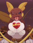  absurd_res alolan_raichu anthro brown_background candy chocolate dessert feral food hi_res holidays jaylus_t_meowstic nintendo one_eye_closed pok&eacute;_puff pok&eacute;mon pok&eacute;mon_(species) raichu regional_form_(pok&eacute;mon) simple_background solo tagme valentine&#039;s_day video_games wink 
