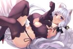  1girl :3 animal_ears azur_lane black_footwear black_ribbon blue_eyes bra breasts cat_cutout cat_lingerie cleavage cleavage_cutout clothing_cutout elbow_gloves feet_out_of_frame frilled_bra frills from_side gloves hair_ribbon high_heels illustrious_(azur_lane) large_breasts long_hair looking_at_viewer lying meme_attire on_back panties paw_pose purple_bra purple_gloves purple_legwear purple_panties ribbon sapphire_(gemstone) side-tie_panties simple_background solo tail thighhighs underwear very_long_hair wee_(weeyy) white_background white_hair 