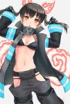  1girl :o arms_up baggy_pants bangs bikini black_bikini black_coat black_hair breasts cat_day cleavage coat collarbone commentary_request contrapposto cowboy_shot en&#039;en_no_shouboutai eyebrows_visible_through_hair fiery_ears fiery_tail fire firefighter_jacket gloves grey_pants hair_between_eyes highres hip_vent holding holding_hair long_hair long_sleeves looking_at_viewer medium_breasts metal_gloves midriff navel open_clothes open_coat orange_eyes pants shinbo_etoka sidelocks signature simple_background solo standing swimsuit tail tamaki_kotatsu twintails white_background 