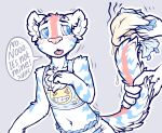  addickted anthro blue_eyes bodily_fluids caught dialogue diaper duo embarrassed felid genital_fluids girly holding_tail leaking_diaper looking_at_another male mammal multicolored_body open_mouth pantherine shame smelly surprise tiger tongue urine watersports wet_diaper wetting 