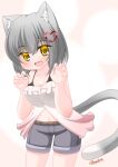  1girl :d animal_ears bangs bare_arms bare_shoulders black_shorts breasts cat_day cat_ears cat_girl cat_tail claw_pose cleavage commentary_request eyebrows_visible_through_hair fang grey_hair hair_between_eyes hair_ornament hands_up heart heart_hair_ornament highres kanijiru medium_breasts navel original short_shorts shorts smile solo standing tail twitter_username yellow_eyes 