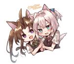  2girls animal_ears black_vest blue_eyes blush brown_hair buttons cat_ears cat_tail collared_shirt eyebrows_visible_through_hair green_ribbon hair_between_eyes kagerou_(kancolle) kantai_collection long_hair multiple_girls open_mouth pink_hair ponytail purple_eyes red_ribbon ribbon shiranui_(kancolle) shirt short_hair short_sleeves simple_background smile tail twintails u_yuz_xx upper_body vest white_background white_shirt 