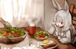  3girls albino animal_ears cup dress eyebrows_visible_through_hair food fork grey_eyes highres holding holding_fork long_hair minigirl mouse_ears mouse_girl mouse_tail mug multiple_girls one_eye_closed original rabbit_ears rabbit_girl red_eyes salad scrambled_egg shirokujira tail toast white_dress white_hair 