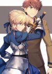  1boy 1girl ahoge armor armored_dress artoria_pendragon_(fate) blonde_hair blue_ribbon brown_jacket brown_pants cowboy_shot emiya_shirou excalibur_(fate/stay_night) fate/stay_night fate_(series) gauntlets green_eyes hair_bun highres homurahara_academy_uniform jacket orange_hair pants ribbon saber school_uniform shirt shizuma_yoshinori short_hair sword weapon white_shirt yellow_eyes 