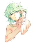  1boy 302 androgynous colored_eyelashes green_hair half-closed_eyes highres lio_fotia male_focus promare purple_eyes sidelocks solo topless_male 
