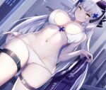  1girl ass_visible_through_thighs bangs black_jacket blunt_bangs blush bra breasts breasts_apart cameltoe commentary_request covered_nipples dutch_angle eyebrows_visible_through_hair girls&#039;_frontline hair_ornament hat highres hk416_(girls&#039;_frontline) jacket large_breasts long_hair looking_at_viewer navel nekoya_(liu) panties parted_lips solo stomach sweat teardrop_facial_mark thigh_strap thighs underwear white_bra white_hair white_panties wide_hips yellow_eyes 
