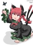 1girl :3 :d animal_ear_fluff animal_ears arm_support bangs black_bow black_dress bow breasts bug butterfly cat_ears cat_tail chups dated dress extra_ears eyebrows_visible_through_hair fang hair_bow highres kaenbyou_rin long_sleeves multiple_tails nekomata open_mouth red_eyes red_hair red_nails signature simple_background sitting smile solo tail touhou two_tails white_background 