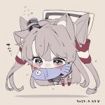  1girl amatsukaze_(kancolle) animal_ears beige_background black_dress blush brown_eyes cat_ears chibi dated dress fish flying_sweatdrops full_body hair_tubes highres irokiiro kantai_collection long_hair long_sleeves mouth_hold red_legwear shadow silver_hair simple_background solo tears thighhighs two_side_up windsock 