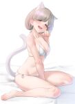  1girl absurdres animal_ears bangs bare_legs bare_shoulders barefoot bed_sheet between_legs bikini blue_eyes blush breasts cat_ears cat_girl cat_tail cleavage collarbone eyebrows_visible_through_hair fang front-tie_bikini front-tie_top grey_hair hand_between_legs hand_up highres looking_at_viewer love_live! love_live!_superstar!! medium_breasts nasuno_(nasuno42) navel open_mouth paw_pose short_hair side-tie_bikini sitting smile solo swimsuit tail tang_keke twintails wariza white_background white_bikini 