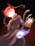  1girl animal_ears blue_fire braid cat_ears cat_tail dark_background extra_ears fire flaming_skull floating_hair floating_skull gradient gradient_background highres hitodama kaenbyou_rin long_hair multiple_tails nekomata pointy_ears red_background red_eyes red_hair simple_background solo tail touhou twin_braids twintails two_tails whitebait0 