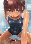  1boy 1girl after_sex after_vaginal bar_censor bathroom blush breasts brown_eyes brown_hair censored cum cum_in_pussy cumdrip eyebrows_visible_through_hair hairband hetero highres looking_at_viewer one-piece_swimsuit one-piece_tan open_mouth original overflow penis pov school_swimsuit shiden_(sashimi_no_wife) short_hair showering small_breasts solo_focus swimsuit tan tanlines tile_floor tile_wall tiles wet 