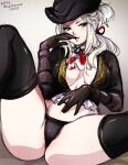  1girl ascot ass blood bloodborne blue_eyes breasts cape gloves hat hat_feather lady_maria_of_the_astral_clocktower long_hair looking_at_viewer mina_cream panties ponytail sideboob simple_background smile solo the_old_hunters tricorne underwear white_hair 