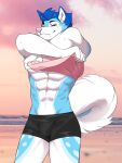  abs absurd_res anthro beach blue_body blue_fur bulge canid canine canis clothing crystal-silverlight domestic_dog fluke_the_husky fur hi_res husky male mammal muscular muscular_male nordic_sled_dog seaside solo spitz underwear undressing yellow_eyes 