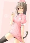  1girl ;p animal_ear_fluff animal_ears black_legwear black_panties blush breasts brown_hair cat_ears cat_girl cat_tail closed_mouth commentary_request dress eyebrows_visible_through_hair hair_between_eyes hand_up hat highres holding nurse nurse_cap one_eye_closed original panties pink_background pink_dress pink_headwear puffy_short_sleeves puffy_sleeves red_eyes shibacha short_sleeves small_breasts smile solo tail thermometer thighhighs tongue tongue_out underwear 