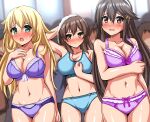  3girls 6+boys absurdres alternate_hairstyle aqua_bra aqua_panties atago_(kancolle) blonde_hair blurry blush bra breasts brown_eyes brown_hair cleavage collarbone commentary_request commission cowboy_shot depth_of_field dutch_angle frilled_bra frills green_eyes hairband haruna_(kancolle) highres kaga_(kancolle) kantai_collection large_breasts long_hair multiple_boys multiple_girls nose_blush panties pink_bra pink_panties purple_bra purple_panties sports_bra towel towel_on_head underwear underwear_only white_hairband zanntetu 