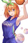  1girl absurdres armpits arms_up bangs bare_arms bare_shoulders basketball blue_eyes blue_shirt blue_skirt blush breasts clothes_writing commentary_request go-toubun_no_hanayome green_ribbon hair_between_eyes hair_ribbon highres large_breasts looking_at_viewer nakano_yotsuba open_mouth orange_hair ribbon shirt short_hair simple_background skirt skirt_set sleeveless sleeveless_shirt solo upper_body white_background yuunamida_uyu 