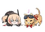  2girls :3 all_fours animal_ears bangs black_jacket blonde_hair blush_stickers cat cat_ears cat_tail chibi chika_(keiin) closed_eyes closed_mouth commentary_request eyebrows_visible_through_hair eyewear_on_head girls&#039;_frontline gloves hair_between_eyes hair_ornament headgear jacket kalinya long_hair long_sleeves m4_sopmod_ii_jr motion_lines multicolored_hair multiple_girls musical_note open_mouth red_hair red_ribbon ribbon simple_background smile streaked_hair sunglasses tail white_background 