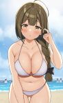  1girl absurdres ahoge ass_visible_through_thighs bangs beach black_bow blue_sky blunt_bangs blush bow braid braided_ponytail breasts brown_hair cleavage cloud cloudy_sky collarbone cowboy_shot day hair_bow hand_up highres horizon idolmaster idolmaster_shiny_colors kuwayama_chiyuki large_breasts leaning_forward long_hair looking_at_viewer navel ocean outdoors parted_lips skindentation sky solo_focus sparkle thighs wanimaru water wet 