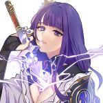  1girl amecha16 armor bangs braid breasts bridal_gauntlets cleavage commentary_request electricity flower genshin_impact hair_ornament holding holding_sword holding_weapon human_scabbard japanese_clothes kimono large_breasts long_hair looking_at_viewer mitsudomoe_(shape) mole mole_under_eye open_mouth purple_eyes purple_flower purple_hair purple_nails raiden_shogun ribbon shoulder_armor simple_background solo sword tassel tomoe_(symbol) weapon white_background 