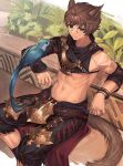  1boy animal_ears bangs blue_bird blue_eyes cape closed_mouth copyright_request crop_top day gauntlets gold highres jewelry looking_at_viewer male_focus muscular navel plant r-744 red_cape short_hair sitting slit_pupils solo tail waist_cape 