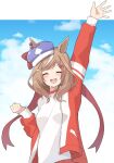  alternate_costume animal_ears arm_up blush breasts brown_hair clenched_hand closed_eyes cloud cloudy_sky commentary_request hair_ornament hairclip hat highres horse_ears jacket jersey matikane_tannhauser_(umamusume) medium_breasts medium_hair open_mouth sky track_jacket track_suit umamusume yukikemuri 