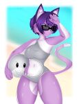  2022 absurd_res anthro beach breasts chainilla_(artist) clothed clothing digital_media_(artwork) domestic_cat felid feline felis female fur hair hi_res kat_volts mammal purple_body seaside simple_background solo swimwear virtual_youtuber 