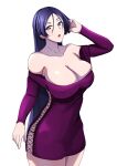  1girl alternate_costume breasts cleavage cosplay covered_nipples dress fairy_knight_gawain_(fate) fairy_knight_gawain_(fate)_(cosplay) fate/grand_order fate_(series) highres large_breasts long_hair minamoto_no_raikou_(fate) purple_dress purple_eyes purple_hair short_dress simple_background sungose very_long_hair white_background 