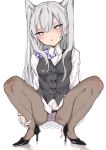  1girl alternate_costume amatsukaze_(kancolle) black_legwear brown_eyes chigasaki_yukari dress_shirt grey_vest highres kantai_collection long_hair long_sleeves looking_at_viewer no_pants office_lady panties panties_under_pantyhose pantyhose pink_panties shirt silver_hair simple_background solo spread_legs squatting striped striped_vest two_side_up underwear vest white_background white_shirt 