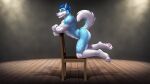  abs absurd_res anthro biceps blue_body blue_fur butt canid canine canis chair curled_tail domestic_dog dream_and_nightmare fluke_the_husky fur furniture hi_res husky male mammal nordic_sled_dog paws solo spitz wood_floor 
