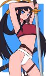  1girl armpits arms_up belt bikini black_hair blue_eyes blush breasts fate/grand_order fate_(series) hacco_mayu highres holding holding_sword holding_weapon katana long_hair looking_at_viewer red_bikini sheath smile solo swimsuit sword unsheathed ushiwakamaru_(fate) ushiwakamaru_(swimsuit_assassin)_(fate) very_long_hair weapon 